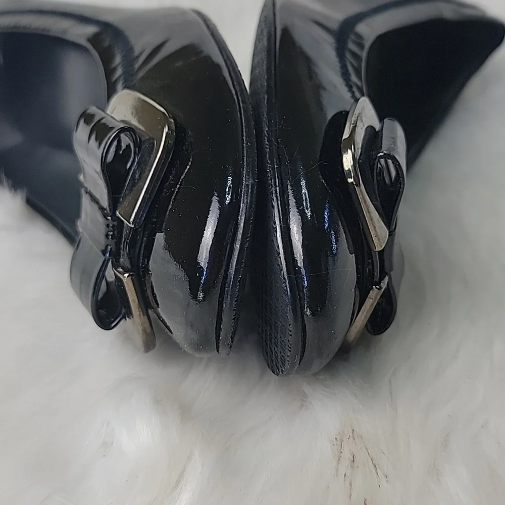 STUART WEITZMAN Madam Bow Black Patent Metal‎ Bow Wedge Party Office Heels 8.5N - Picture 6 of 12